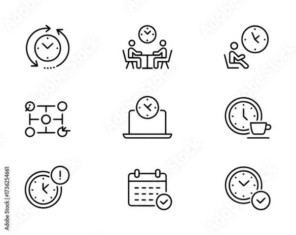 Fototapeta Business Scheduling & Meeting Line Icons - Clock with Checkmark, Team Meeting, Laptop Timer, Coffee Break, Calendar with Alert for Corporate Apps, Productivity & Remote Work UI