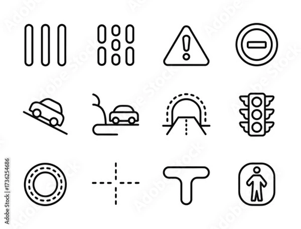 Fototapeta Traffic Control & Road Safety Line Icons - Stop Sign, Warning Triangle, Traffic Light, Pedestrian Crossing, Speed Bump, Lane Markings for Driving Apps, Education & Smart City UI
