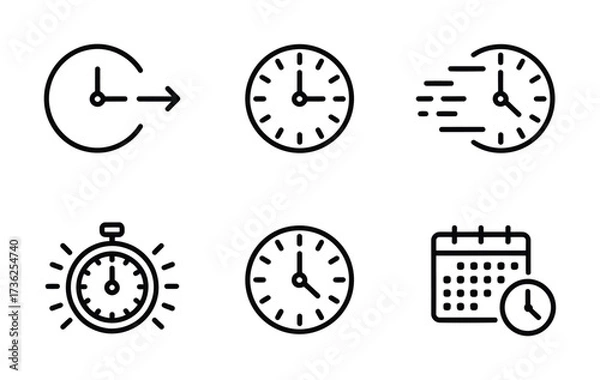 Fototapeta Management & Scheduling Line Icons - Clock, Stopwatch, Calendar, Timer, Arrow, Meeting for Productivity Apps, Calendars & Business Planning