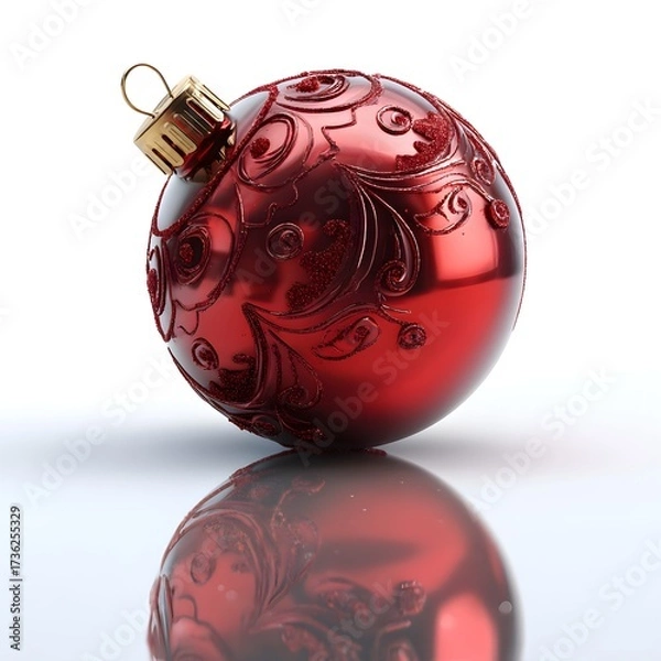 Obraz Shiny Red Christmas Ornament with Ornate Pattern and Reflection on White