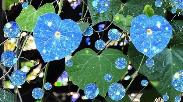 Fototapeta Sparkling Blue Morning Glories in Garden at Night