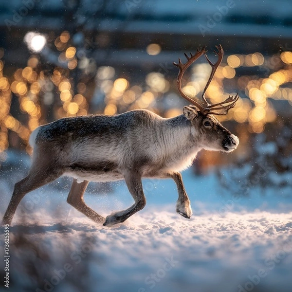 Obraz A Wild Reindeer Running Through Snow with Bokeh Christmas Lights