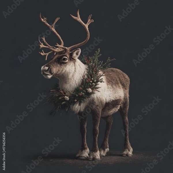 Obraz A Majestic Reindeer Posing with a Festive Christmas Wreath Around Its Neck