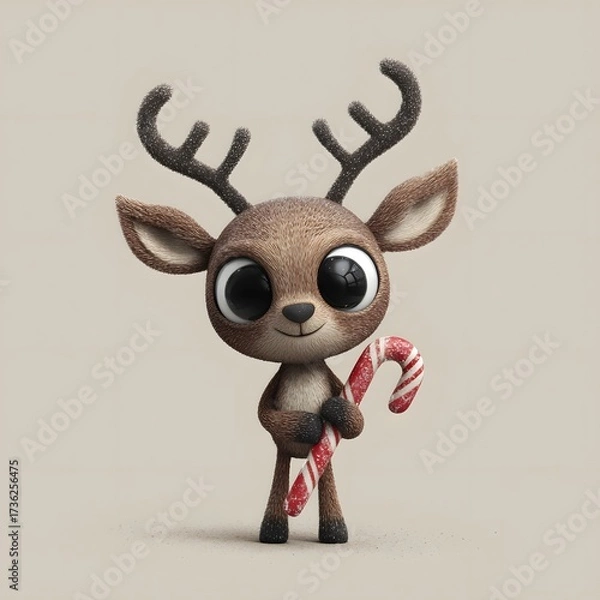 Obraz Adorable Big-Eyed Reindeer Character Holding a Candy Cane for Christmas