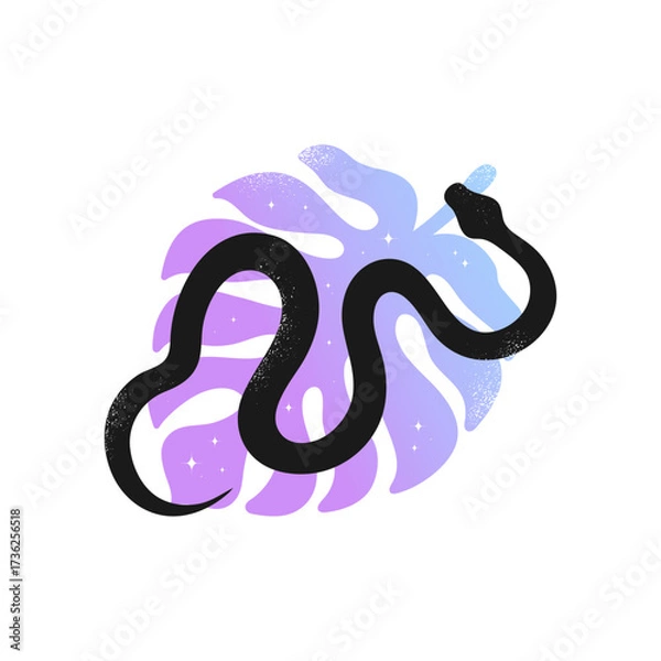 Fototapeta Black snake on monstera leaf silhouette decorated with stars. Celestial emblem with serpent and plant. Vector illustration