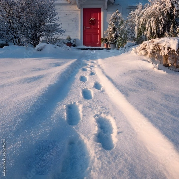 Obraz Santa's Footprints in the Fresh Snow Leading to a Red Front Door
