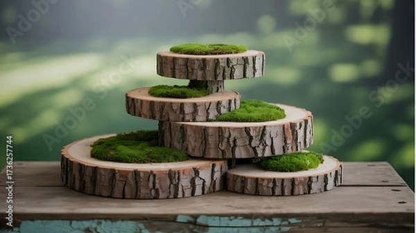 Fototapeta Rustic Wood Slice Display Stand with Moss for Product Showcase, Natural Wooden Pedestal for Eco-Friendly Branding and Sustainable Product Presentation
