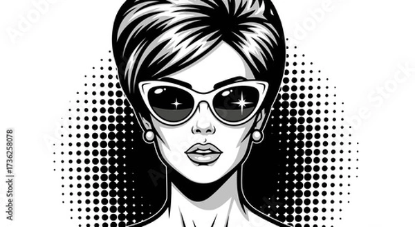 Obraz A stylized black and white illustration of a woman wearing sunglasses, looking forward.