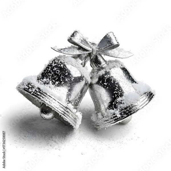 Obraz Pair of Silver Christmas Bells with Snow and Ribbon Isolated on White