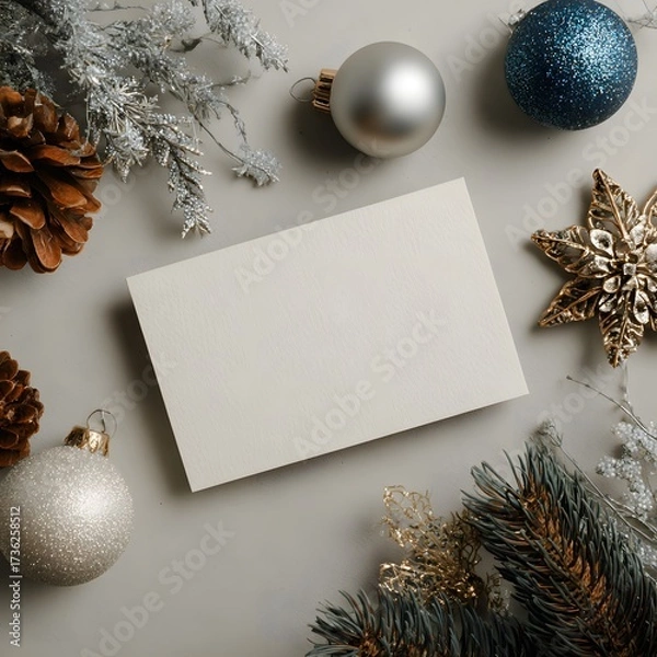 Obraz Christmas Holiday Mockup with Blank Card, Ornaments, and Pine Cones