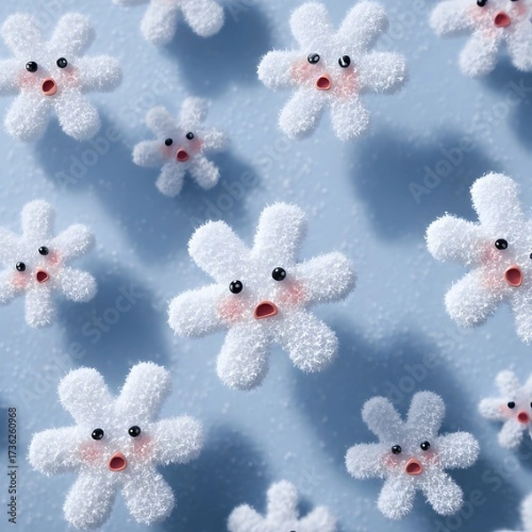 Obraz 
Playful Winter Fun: A Whimsical Pattern of Fluffy Snowflakes with Funny Faces