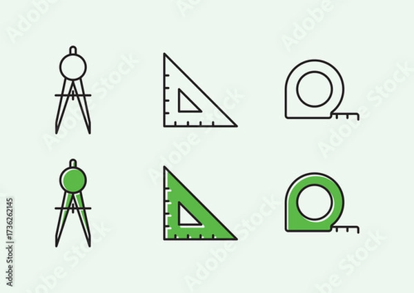 Obraz Modern geometric icon set for design and construction, featuring compass, ruler, tape measure in minimalist style