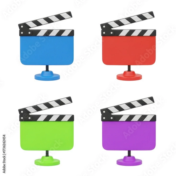Fototapeta Four colorful clapperboards in blue, red, green, and purple, arranged on a white background.