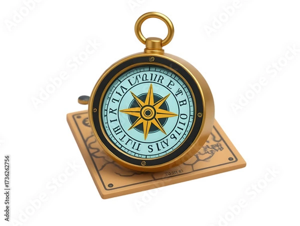 Obraz Antique brass compass with nautical chart isolated on transparent background