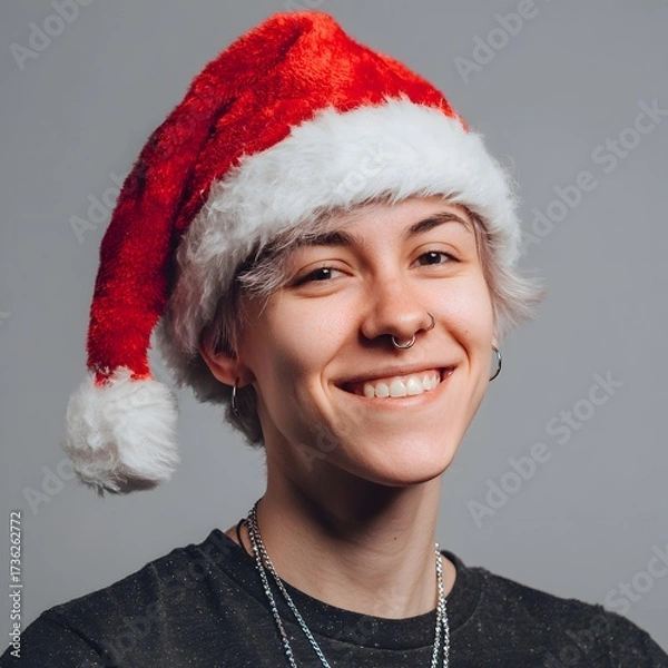 Obraz A Cheerful and Authentic Smile: A Transgender Person with a Santa Hat
