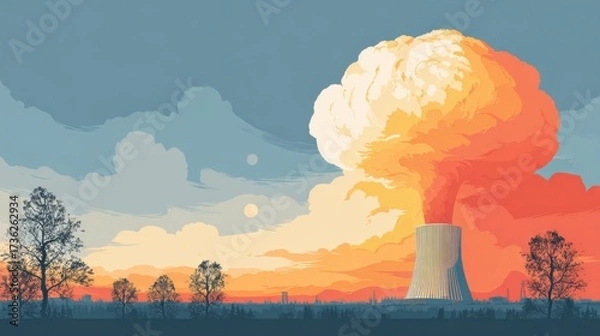 Fototapeta Nuclear explosion simulation industrial area digital artwork dusk artistic perspective environmental impact awareness