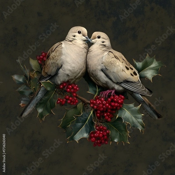 Obraz 
A Festive Kiss: Two Doves Perched and Kissing on Mistletoe and Holly