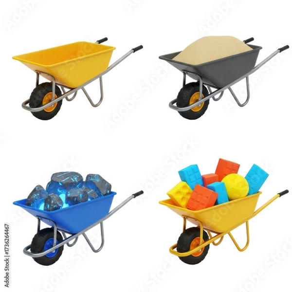 Fototapeta Four wheelbarrows, each filled with different materials: empty, sand, glowing rocks, and colorful blocks, on a white background.