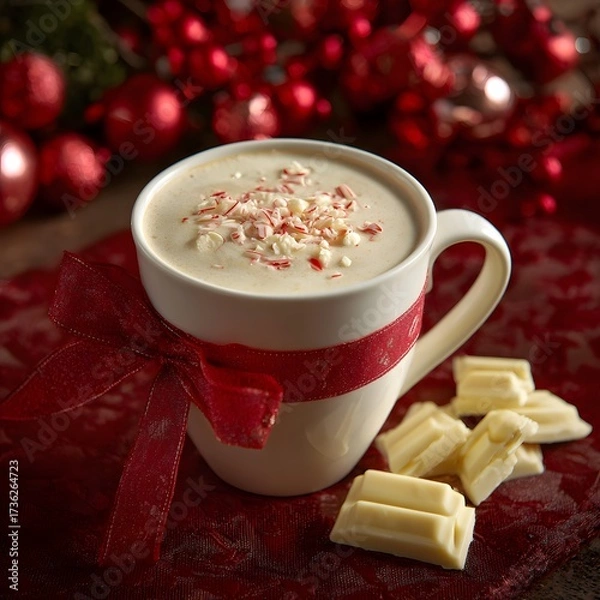 Obraz 
Festive White Chocolate Mocha Adorned with a Red Ribbon and Peppermint