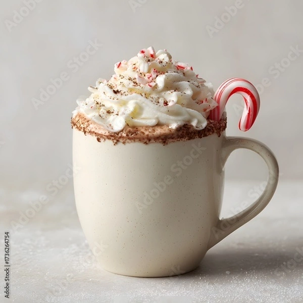 Obraz A Festive Indulgence: Rich Hot Chocolate with Whipped Cream and Candy Cane