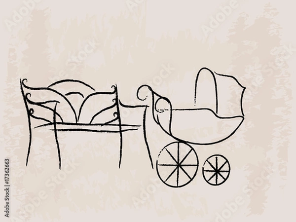 Fototapeta Bench and baby buggy