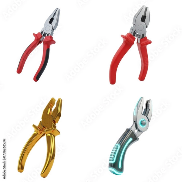 Fototapeta Four pliers: standard, red handled, gold, and futuristic, all isolated on a white background.