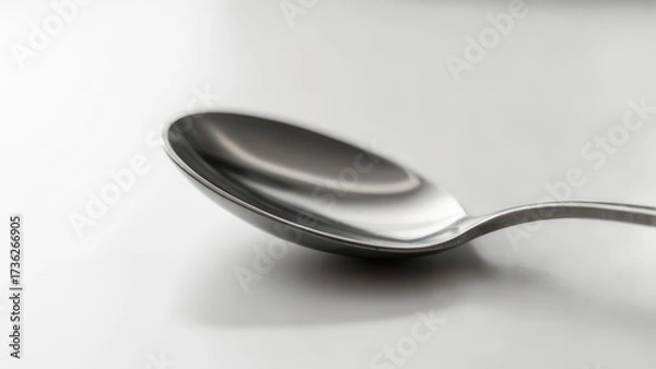 Fototapeta Shiny Metal Spoon on White Background Close Up.
