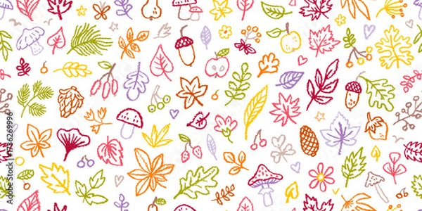 Fototapeta Autumn pattern. Leaf seamless background. Fall leaves vector texture. Autumn forest tree acorn plant flower seamless pattern. Nature watercolor illustration. Cute kid line doodle bg. Crayon hand drawn