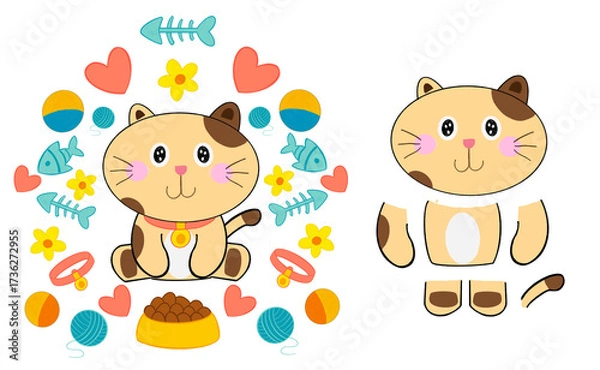 Fototapeta Cute cartoon cat illustration with playful elements like fishbones, yarn, hearts, and food bowl. Perfect for children’s projects, stickers, clipart, and adorable pet-themed designs.