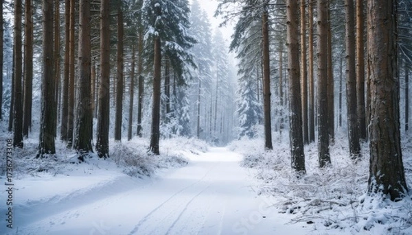 Fototapeta Snowy Winter Forest Landscape with Snow Covered Trees and Scenic Path