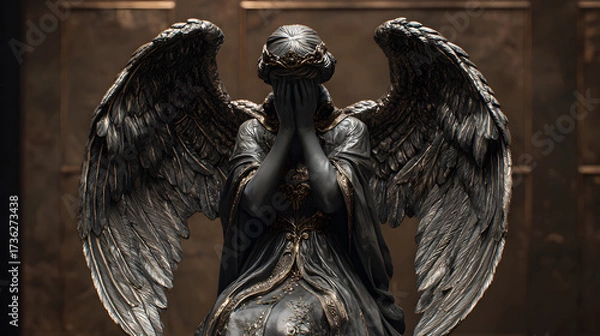 Fototapeta Sculpture of an angel with outstretched wings crying and covering his face with his hands