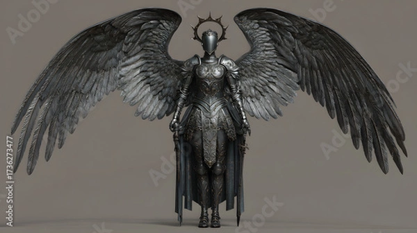 Fototapeta Sculpture of an angel clad in armor with outstretched wings