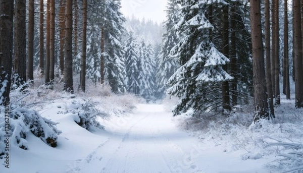 Fototapeta Snowy Winter Forest Landscape with Snow Covered Trees and Scenic Path