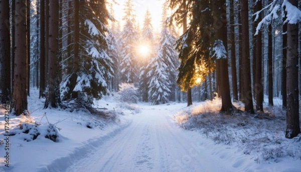 Fototapeta Snowy Winter Forest Landscape with Snow Covered Trees and Scenic Path
