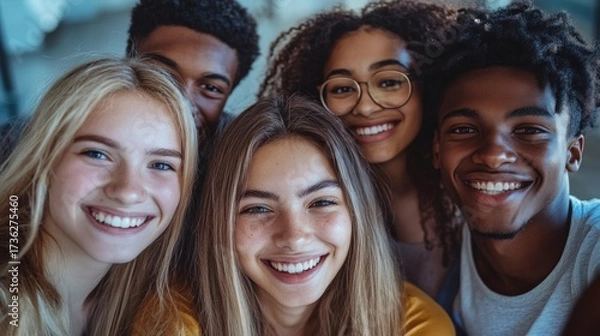 Fototapeta A group of young people smiling, diverse faces, friendly atmosphere.
An excellent choice for social media, advertising educational programs, articles about youth 