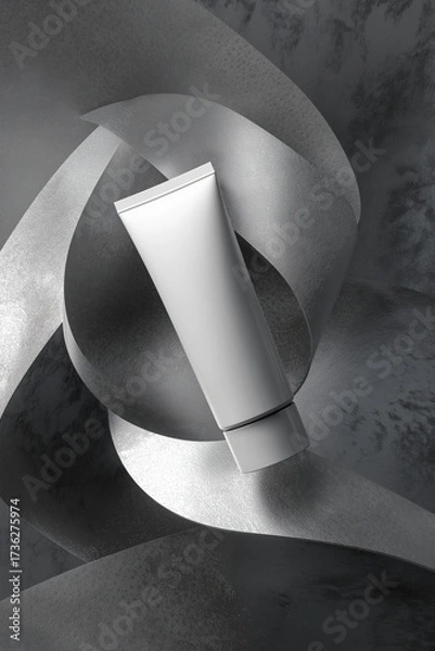 Fototapeta Empty white cosmetic tube mockup against gray background with ribbons