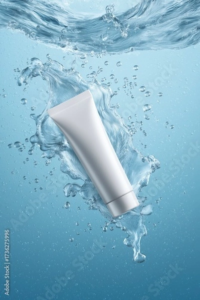 Fototapeta Empty white cosmetic tube mockup submerged in water, splashes around, advertising template