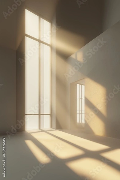 Obraz Empty glass atrium with sunlight pouring through tall windows and structural shadows