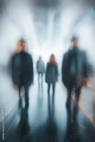Fototapeta Blurry silhouettes walking inside volumetric light tunnel with glowing grids