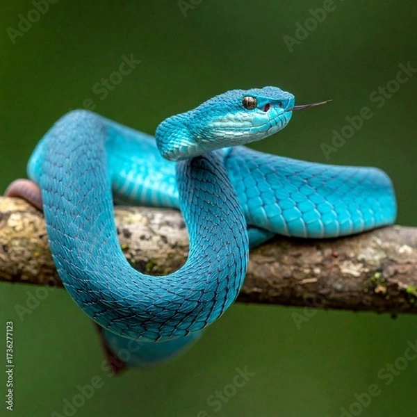 Fototapeta Close-up side view of a Blue viper snake (Trimeresurus insularis) on a branch attacking.