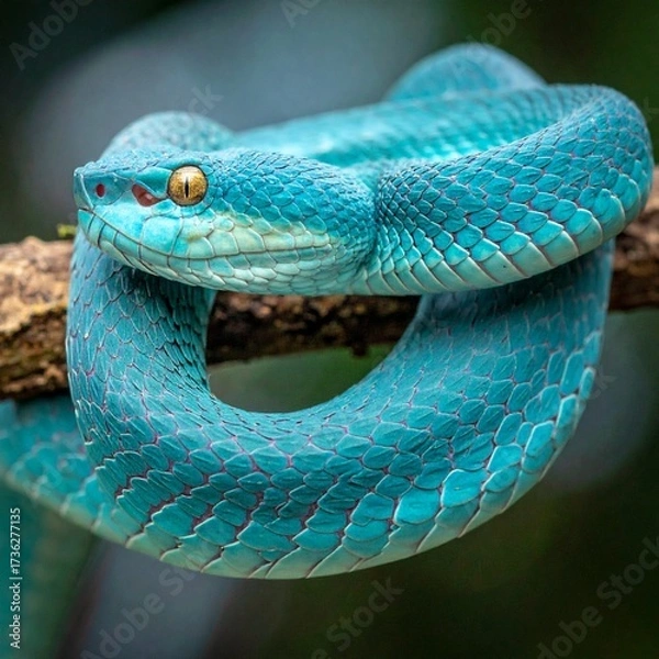 Fototapeta Close-up side view of a Blue viper snake (Trimeresurus insularis) on a branch attacking.