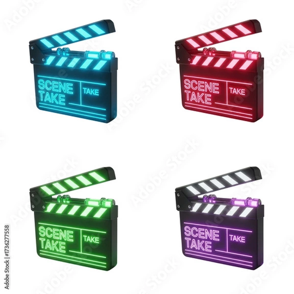 Fototapeta Four clapperboards in different neon colors: blue, red, green, and purple, isolated on a white background.