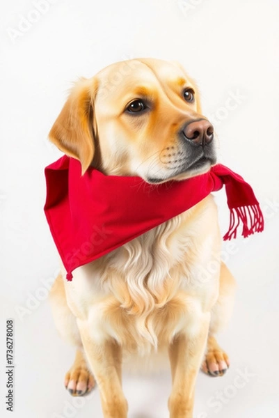 Obraz A Golden Retriever Wearing A Red Scarf On A White Background