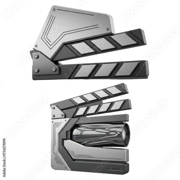 Fototapeta Two futuristic clapperboards, one open and one closed, showcasing a modern design with metallic accents.