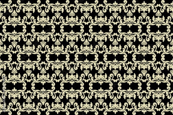 Fototapeta Seamless ornamental damask floral pattern in baroque vintage style with elegant cream motifs on black background, perfect for wallpaper, fabric, textile, and luxury decorative design.