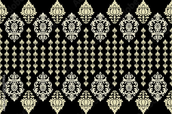Fototapeta Seamless ornamental damask floral pattern in baroque vintage style with elegant cream motifs on black background, perfect for wallpaper, fabric, textile, and luxury decorative design.