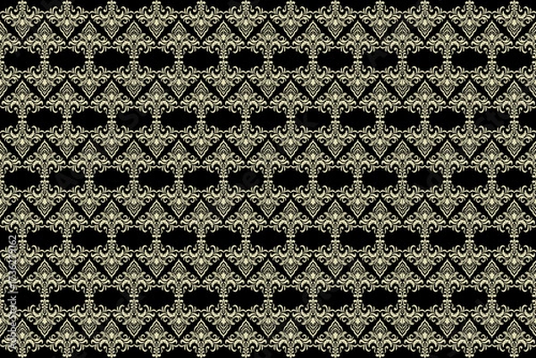 Fototapeta Seamless ornamental damask floral pattern in baroque vintage style with elegant cream motifs on black background, perfect for wallpaper, fabric, textile, and luxury decorative design.