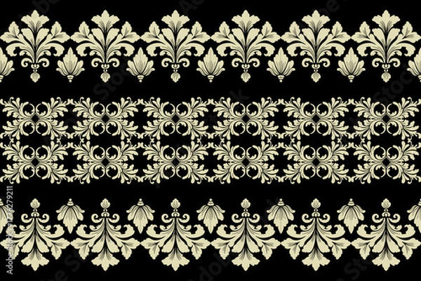 Fototapeta Seamless ornamental damask floral pattern in baroque vintage style with elegant cream motifs on black background, perfect for wallpaper, fabric, textile, and luxury decorative design.