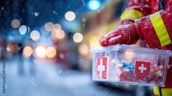 Fototapeta First responder holding a medical kit in snowy city at night