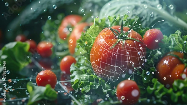 Fototapeta Fresh tomatoes and lettuce are adorned with water droplets, creating a refreshing and vibrant scene, showcasing the beauty of natures bounty